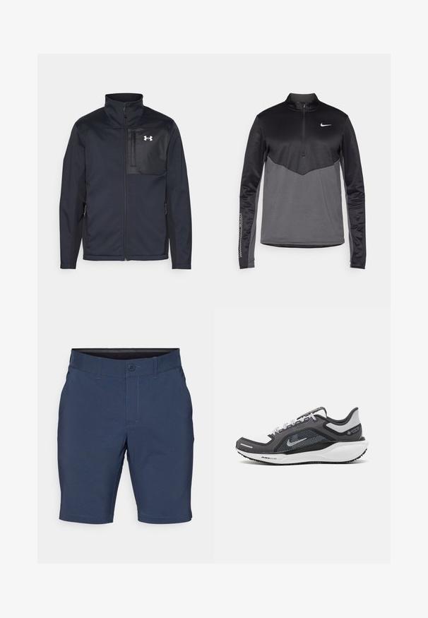 Schwarze Jacke mit langen Ärmeln und hohem Kragen, ausgestattet mit einem Frontreißverschluss, Seitentaschen und einem kontrastierenden schwarzen Brustpanel mit einem Logo.; Schwarzer und grauer Nike Langarm-Pullover mit Viertel-Reißverschluss, der einen strukturierten Körper, glatte Ärmel und ein Logo auf der Brust aufweist.; Marineblaue Shorts aus glattem Stoff, mit Knopfverschluss, Gürtelschlaufen und geraden Beinen mit genähten Säumen.; Schwarzer und grauer Sportschuh mit einem Mesh-Obermaterial, reflektierenden Akzenten und einer weißen Zwischensohle. Verfügt über eine strukturierte Gummisohle und Schnürsenkel.