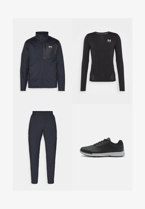 Schwarze Jacke mit langen Ärmeln und hohem Kragen, ausgestattet mit einem Frontreißverschluss, Seitentaschen und einem kontrastierenden schwarzen Brustpanel mit einem Logo.; Schwarzes, langärmliges, athletisches Shirt aus glattem, leichtem Stoff. Hat ein figurbetontes Design und Netzpaneele an den Seiten. Unter Armour-Logo auf der Brust.; Schwarze Sporthose mit glatter Textur, schlankem Schnitt, elastischem Bund und seitlichen Taschen. Mit einem kleinen Logo auf dem linken Oberschenkel.; Schwarze synthetische Golfschuhe mit einer strukturierten Oberseite, Schnürdesign und einer grauen Laufsohle mit Stollen für optimale Traktion.
