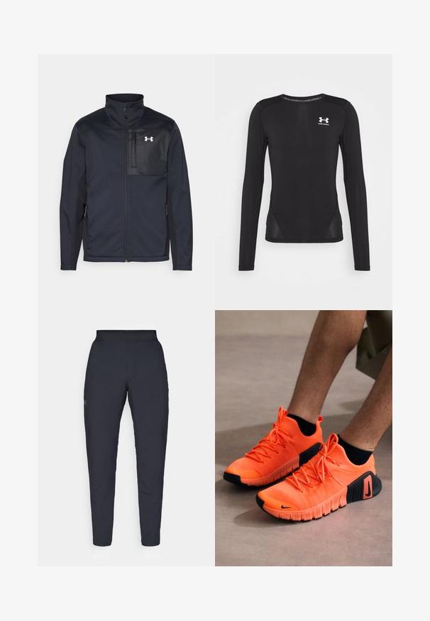 Černá bunda s dlouhými rukávy a vysokým límcem, která má přední zip, boční kapsy a kontrastní černou hrudní část s logem.; Černé dlouhé sportovní tričko s dlouhým rukávem vyrobené z hladkého, lehkého materiálu. Má přiléhavý střih a síťované boční panely. Logo Under Armour na hrudi.; Černé sportovní kalhoty s hladkou texturou, slim fit, elastickým pasem a bočními kapsami. Na levém stehně je umístěno malé logo.; Oranžové sportovní boty s texturovaným svrškem, černou gumovou podrážkou a šňůrkami. Na straně se nachází logo Nike a mají elegantní design.