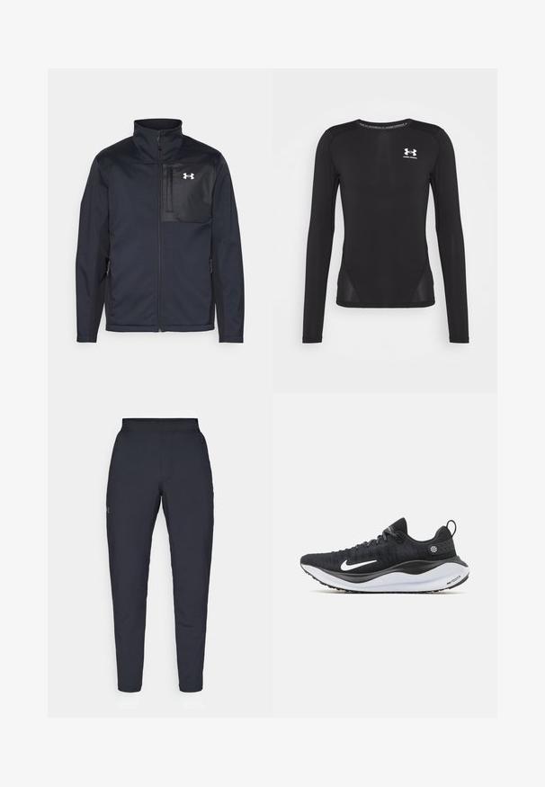 Juodas ilgomis rankovėmis švarkas su aukštu apykakle, užsegamas priekyje užtrauktuku, su šoninėmis kišenėmis ir kontrastingu juodu krūtinės skyriumi su logotipu.; Juodas ilgomis rankovėmis sportinis marškinėliai, pagaminti iš lygaus, lengvo audinio. Su pritaikytu dizainu ir tinklinėmis šoninėmis dalimis. „Under Armour“ logotipas ant krūtinės.; Juodos sportinės kelnės su lygiu paviršiumi, siauru siluetu, elastingu juosmeniu ir šoninėmis kišenėmis. Mažas logotipas yra kairėje šlaunyje.; Juoda Nike bėgimo bateliai su tekstūruota viršutine dalimi, balta swoosh logotipu ir balta paminkštinta baze. Yra ištraukiama kilpa ant kulno.