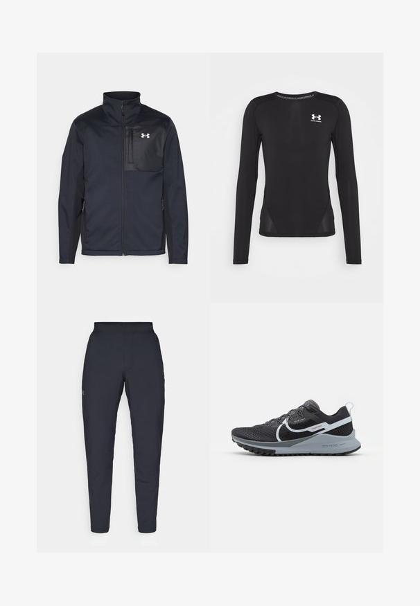 Črna jakna z dolgimi rokavi in visokim ovratnikom, z zadrgo spredaj, stranskimi žepi in kontrastnim črnim panelom na prsih z logotipom.; Črna dolga športna majica z dolgimi rokavi, narejena iz gladkega in lahkotnega materiala. Ima prilegan kroj in mrežaste stranske panele. Na prsih je logotip Under Armour.; Črne atletske hlače z gladko teksturo, ožjega kroja, elastičnim pasom in stranskimi žepi. Imajo majhen logotip na levem stegnu.; Nike Performance REACT PEGASUS TRAIL 4 - Trail tekaški čevlji - black/aura/dark grey/wolf grey