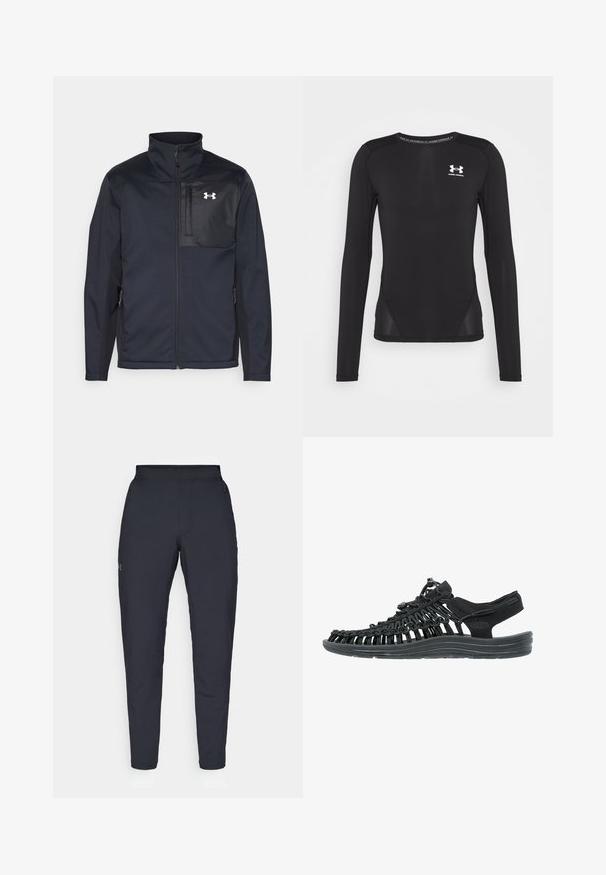 Svart jacka med lång ärm och hög krage, med en dragkedja fram, sidofickor och en kontrasterande svart bröstpanel med en logotyp.; Svart långärmad sporttröja i ett slätt och lätt tyg. Har en figursydd design och mesh-sidpaneler. Under Armour-logotyp på bröstet.; Svarta träningsbyxor med en slät yta, slim fit, elastisk midja och sidofickor. Har en liten logotyp på vänstra låret.; Svart sandal med vävt textilöverdel, justerbar snörning, vadderad sula och formad fotbädd för komfort.