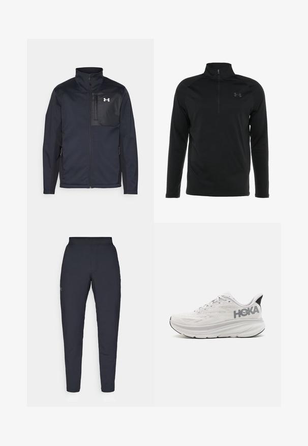 Giacca nera a maniche lunghe con colletto alto, dotata di zip frontale, tasche laterali e un pannello centrale a contrasto, sempre nero, con un logo.; Maglione nero a maniche lunghe con colletto a mezza zip, realizzato in tessuto morbido e elasticizzato, con un logo discreto sul petto.; Pantaloni sportivi neri con una texture liscia, vestibilità slim, vita elastica e tasche laterali. Presentano un piccolo logo sulla coscia sinistra.; HOKA CLIFTON 9 - Scarpe da corsa su strada - nimbus cloud/steel wool