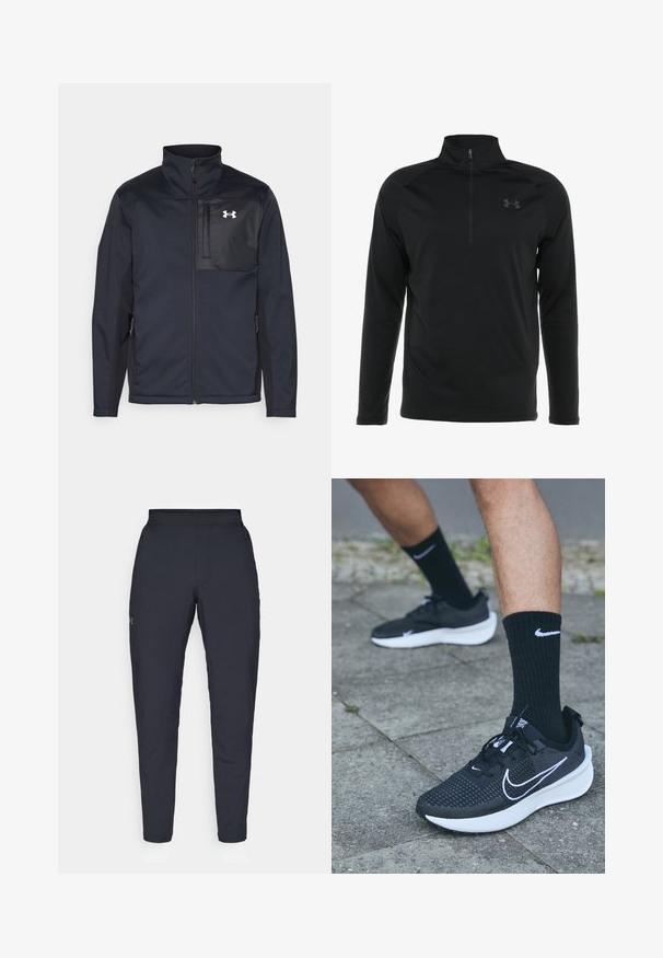 Giacca nera a maniche lunghe con colletto alto, dotata di zip frontale, tasche laterali e un pannello centrale a contrasto, sempre nero, con un logo.; Maglione nero a maniche lunghe con colletto a mezza zip, realizzato in tessuto morbido e elasticizzato, con un logo discreto sul petto.; Pantaloni sportivi neri con una texture liscia, vestibilità slim, vita elastica e tasche laterali. Presentano un piccolo logo sulla coscia sinistra.; Nike Performance INTERACT RUN - Scarpe da trail running - black/white/anthracite