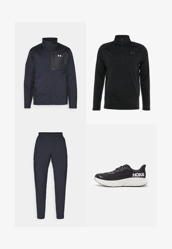 Long-sleeve black jacket with a high collar, featuring a front zipper, side pockets, and a contrasting black chest panel with a logo.; Black long-sleeve pullover shirt with a half-zip collar, made of smooth, stretchable fabric, featuring a subtle logo on the chest.; Black athletic pants with a smooth texture, slim fit, elastic waistband, and side pockets. Features a small logo on the left thigh.; Black running shoe with a textured mesh upper, white midsole, prominent logo on the heel, and curved sole for cushioning.