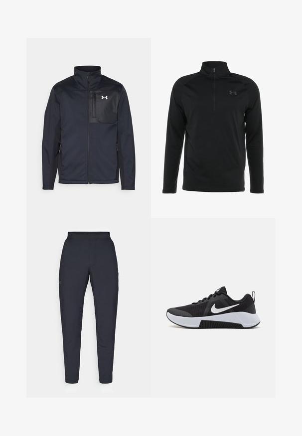 Schwarze Jacke mit langen Ärmeln und hohem Kragen, ausgestattet mit einem Frontreißverschluss, Seitentaschen und einem kontrastierenden schwarzen Brustpanel mit einem Logo.; Schwarzer langärmeliger Pullover mit halbem Reißverschluss-Kragen, aus glattem, dehnbarem Material, mit einem dezenten Logo auf der Brust.; Schwarze Sporthose mit glatter Textur, schlankem Schnitt, elastischem Bund und seitlichen Taschen. Mit einem kleinen Logo auf dem linken Oberschenkel.; Schwarze Sportschuhe mit einem strukturierten Mesh-Obermaterial, weißen Akzenten und einem eleganten Design. Verfügt über eine Gummisohle und einen gepolsterten Schaft.