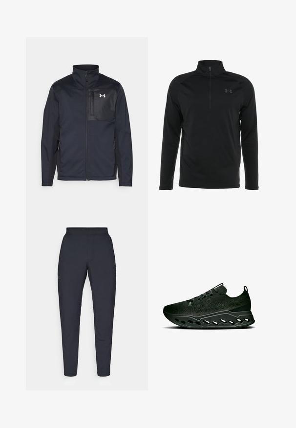 Juodas ilgomis rankovėmis švarkas su aukštu apykakle, užsegamas priekyje užtrauktuku, su šoninėmis kišenėmis ir kontrastingu juodu krūtinės skyriumi su logotipu.; Juodas ilgas rankovėmis puloveris su pusiau užtrauktuku, pagamintas iš lygaus, elastingo audinio, su subtiliu logotipu ant krūtinės.; Juodos sportinės kelnės su lygiu paviršiumi, siauru siluetu, elastingu juosmeniu ir šoninėmis kišenėmis. Mažas logotipas yra kairėje šlaunyje.; On CLOUDSURFER MAX - Bėgimo batai plentui - black eclipse