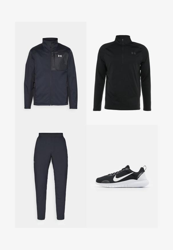 Jachetă neagră cu mâneci lungi, cu guler înalt, având un fermoar frontal, buzunare laterale și un panou central contrastant negru cu un logo.; Tricou pulover negru cu mânecă lungă și guler cu fermoar pe jumătate, realizat dintr-un material neted și elastic, având un logo subtil pe piept.; Pantaloni sportivi negri cu o textură fină, croială slim, talie elastică și buzunare laterale. Prezentă un mic logo pe coapsa stângă.; Pantofii sport negri cu partea superioară din plasă, logo-ul alb Nike swoosh, accente texturate și talpa din cauciuc albă. Prezintă o bandă pentru prindere la călcâi.