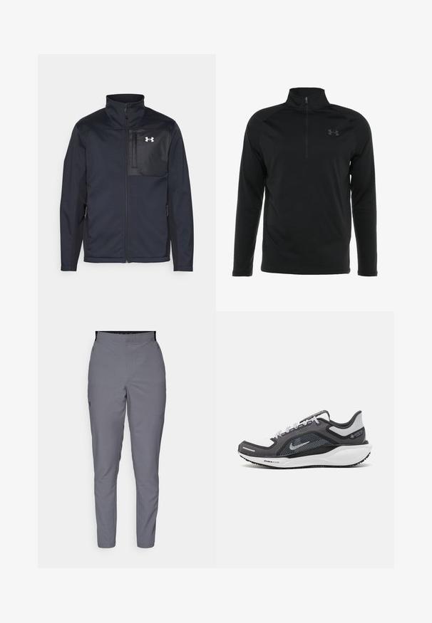 Svart jacka med lång ärm och hög krage, med en dragkedja fram, sidofickor och en kontrasterande svart bröstpanel med en logotyp.; Svart långärmad tröja med halvdragkedja, tillverkad av slät, stretchig tyg, med en subtil logo på bröstet.; Grå, avsmalnande byxor med en slät textur, elastisk midja och sidofickor. Har en liten logotyp på vänster lår.; Svart och grå atletisk sko med ovandel i mesh, reflexdetaljer och en vit mellansula. Har en strukturerad gummisula och skosnören.