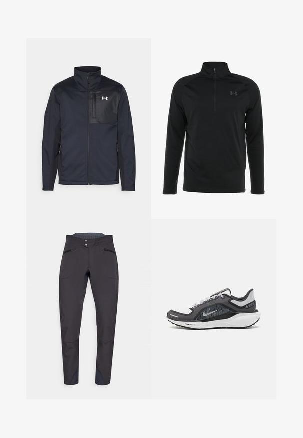 Long-sleeve black jacket with a high collar, featuring a front zipper, side pockets, and a contrasting black chest panel with a logo.; Black long-sleeve pullover shirt with a half-zip collar, made of smooth, stretchable fabric, featuring a subtle logo on the chest.; Black technical pants with a slim fit, featuring zippered front pockets, reinforced knee areas, and a textured waistband.; Black and gray athletic shoe with a mesh upper, reflective accents, and a white midsole. Features textured rubber outsole and laces.