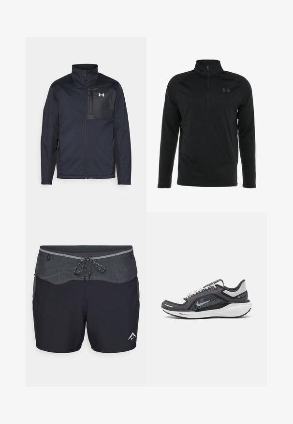 Juodas ilgomis rankovėmis švarkas su aukštu apykakle, užsegamas priekyje užtrauktuku, su šoninėmis kišenėmis ir kontrastingu juodu krūtinės skyriumi su logotipu.; Juodas ilgas rankovėmis puloveris su pusiau užtrauktuku, pagamintas iš lygaus, elastingo audinio, su subtiliu logotipu ant krūtinės.; Juodi sportiniai šortai su pilku juosmeniu, raišteliu ir tinklelio akcentais. Apatinėje dešinėje pusėje yra baltas logotipas. Lengvas audinys.; Juodas ir pilkas sportinis batelis su tinkleliu viršuje, atspindinčiais akcentais ir balta vidurinė dalimi. Yra tekstūruota guminė išorinė pada ir raišteliai.