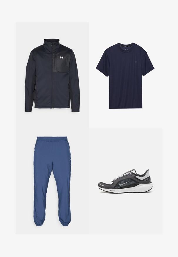 Hosszú ujjú fekete dzseki magas gallérral, elülső cipzárral, oldalsó zsebekkel és kontrasztos fekete mellpanellel, amely logót tartalmaz.; Sötétkék, rövid ujjú póló puha anyagból, kerek nyakkivágással és egy kis logóval a bal mellen.; Kék sportnadrág könnyű anyagból. Rugalmas derékrész, bokáig érő passzéval és cipzáras oldalzsebekkel rendelkezik.; Fekete és szürke sportcipő, hálós felsőrésszel, fényvisszaverő részletekkel és fehér középtalppal. A talpa texturált gumiból készült, és fűzőkkel rendelkezik.