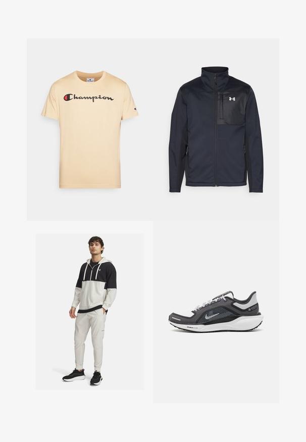 Juodas ilgomis rankovėmis švarkas su aukštu apykakle, užsegamas priekyje užtrauktuku, su šoninėmis kišenėmis ir kontrastingu juodu krūtinės skyriumi su logotipu.; Šviesiai rudos medvilnės marškinėliai trumpomis rankovėmis, su juodu ir raudonu "Champion" logotipu ant krūtinės ir mažu logotipu ant rankovės.; Juodas ir baltas sportinis kūno jakas su užtrauktuku; derinamas su baltais bėgimo kelnėmis su kišenėmis ir elastiniais rankogaliais; juodi sportiniai batai.; Juodas ir pilkas sportinis batelis su tinkleliu viršuje, atspindinčiais akcentais ir balta vidurinė dalimi. Yra tekstūruota guminė išorinė pada ir raišteliai.