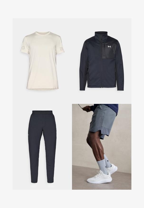 Pikkade varrukatega must jakk kõrge kraega, millel on ees tõmblukk, küljetaskud ja kontrastsest mustast kangast rinnapaneel logoga.; Björn Borg Trükipildiga T-särk - birch; Mustad mustreid spordipüksid, millel on sile tekstuur, kitsas lõige, elastne vöökoht ja küljetaskud. Vasakule reiele on tikandatud väike logo.; Valged spordijalatsid tekstuurse võrguga pealispinnaga, millele on lisatud helesinised ribakujulised sokid logoga. Hallid spordilühikesed püksid, millel on perforeeritud ääred.