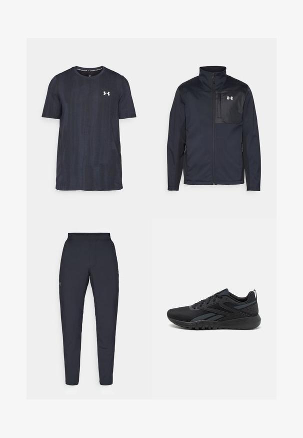 Casaco preto de mangas longas com gola alta, apresentando um fecho frontal, bolsos laterais e um painel peitoral preto em contraste com um logótipo.; T-shirt de manga curta em azul marinho escuro, feito de um tecido respirável, com um padrão texturizado e um logótipo branco da Under Armour no peito.; Calças de desporto negras com uma textura suave, corte justo, cintura elástica e bolsos laterais. Apresenta um pequeno logótipo na coxa esquerda.; Sapatilhas atléticas pretas com parte superior em malha, fecho com atacadores, sola texturizada e um detalhe em cinza escuro lateralmente. Design leve e durável.