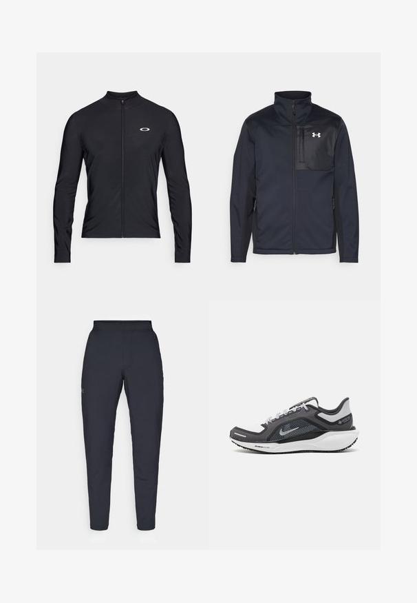 Casaco preto de mangas longas com gola alta, apresentando um fecho frontal, bolsos laterais e um painel peitoral preto em contraste com um logótipo.; Camisa preta de manga longa com fecho éclair, feita de tecido leve; apresenta um colarinho redondo e um pequeno logotipo impresso no lado superior esquerdo.; Calças de desporto negras com uma textura suave, corte justo, cintura elástica e bolsos laterais. Apresenta um pequeno logótipo na coxa esquerda.; Sapatilha atlética preta e cinza com parte superior em malha, detalhes reflexivos e uma entressola branca. Apresenta uma sola de borracha texturizada e atacadores.