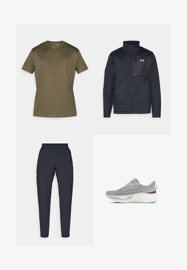 Čierna bunda s dlhým rukávom a vysokým golierom, vybavená predným zipsom, bočnými vreckami a kontrastným čiernym panelom na hrudi s logom.; Olivovo zelené tričko s krátkym rukávom vyrobené z hladkej tkaniny. Má okrúhly výstrih a subtílny logotyp na hrudi, s jednoduchým, štýlovým dizajnom.; Čierne športové nohavice s hladkým povrchom, priliehavým strihom, elastickým pásom a bočnými vreckami. Obsahujú malé logo na ľavom stehne.; Šedá bežecká obuv s priedušným zvrškom, ktorý má červené akcenty, hrubú bielu podrážku a textúrovaný dizajn pre lepšiu priľnavosť.
