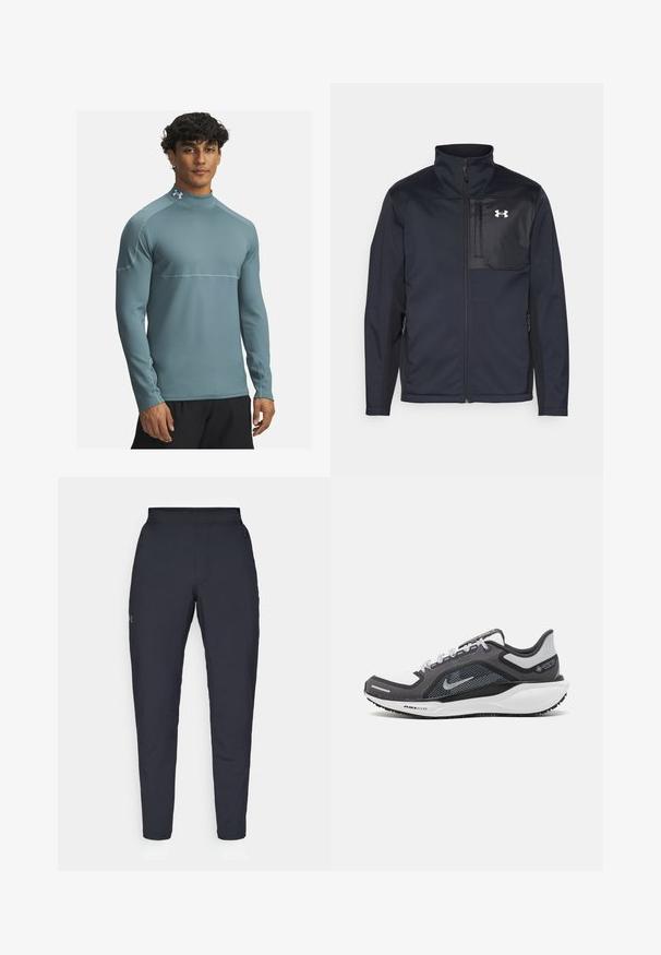 Pikkade varrukatega must jakk kõrge kraega, millel on ees tõmblukk, küljetaskud ja kontrastsest mustast kangast rinnapaneel logoga.; Heledsinine pika varrukaga spordisärk kõrge kaelusega, tekstureeritud kangas ja kontrastsete õmblustega, kantud mehe poolt.; Mustad mustreid spordipüksid, millel on sile tekstuur, kitsas lõige, elastne vöökoht ja küljetaskud. Vasakule reiele on tikandatud väike logo.; Mustern ja hallide värvusega spordijalats, millel on võrgusilmast ülemine osa, peegeldavad aktsendid ja valge vaheosa. Omab tekstuuriga kummist välisosa ja kingapaelu.