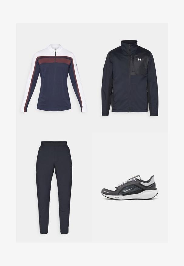 Giacca nera a maniche lunghe con colletto alto, dotata di zip frontale, tasche laterali e un pannello centrale a contrasto, sempre nero, con un logo.; Polo a maniche lunghe di colore blu navy con maniche bianche, caratterizzato da un colletto con zip e strisce di accento bordeaux lungo il petto e le maniche.; Pantaloni sportivi neri con una texture liscia, vestibilità slim, vita elastica e tasche laterali. Presentano un piccolo logo sulla coscia sinistra.; Scarpa da ginnastica nera e grigia con tomaia in rete, dettagli riflettenti e intersuola bianca. Presenta una suola in gomma testurizzata e lacci.