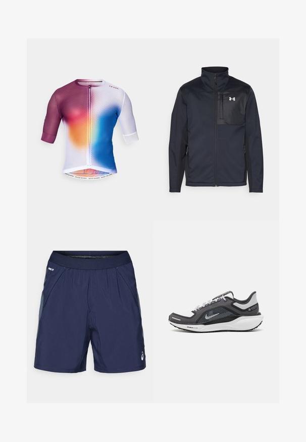 Veste noire à manches longues avec un col montant, dotée d'un zip avant, de poches latérales et d'un panneau central noir contrastant avec un logo.; Maillot de cyclisme à manches courtes avec un design en maille, dégradé de couleurs violette, orange et bleue ; fermeture éclair et détail imprimé à l'ourlet.; Shorts de sport bleu marine avec taille élastique, poches latérales et accents gris clair. Fabriqués en tissu léger et lisse pour le confort.; Baskets de sport noires et grises avec un empeigne en maille, des accents réfléchissants et un intermédiaire blanc. Comprend une semelle extérieure en caoutchouc texturé et des lacets.