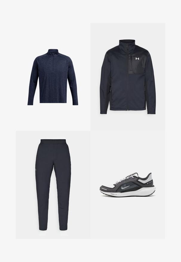 Schwarze Jacke mit langen Ärmeln und hohem Kragen, ausgestattet mit einem Frontreißverschluss, Seitentaschen und einem kontrastierenden schwarzen Brustpanel mit einem Logo.; Marineblauer Quarter-Zip-Pullover mit langen Ärmeln aus strukturiertem Stoff, mit einem schwarzen Logo auf der Brust sowie einem gerippten Kragen und Bündchen.; Schwarze Sporthose mit glatter Textur, schlankem Schnitt, elastischem Bund und seitlichen Taschen. Mit einem kleinen Logo auf dem linken Oberschenkel.; Schwarzer und grauer Sportschuh mit einem Mesh-Obermaterial, reflektierenden Akzenten und einer weißen Zwischensohle. Verfügt über eine strukturierte Gummisohle und Schnürsenkel.