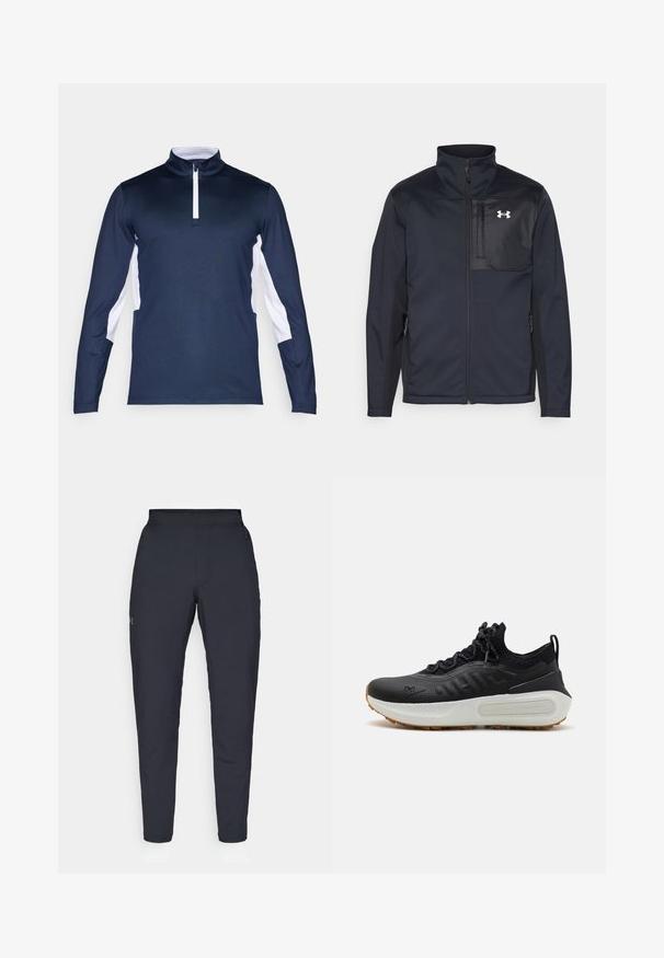 Hosszú ujjú fekete dzseki magas gallérral, elülső cipzárral, oldalsó zsebekkel és kontrasztos fekete mellpanellel, amely logót tartalmaz.; Tengerészeti hosszú ujjú poliészter ing, fehér díszítéssel az oldalán, félig cipzáros gallérral és sima, rugalmas anyagból. Klasszikus sportos dizájn.; Fekete sportnadrág sima textúrával, karcsú szabással, rugalmas derékrésszel és oldalzsebekkel. A bal combján egy kis logó található.; Fekete sportcipő, texturált felsőrésszel, zokniszerű felsőszállal, szürke fűzőkkel, fehér középtalppal, amely mintás dizájnnal és gumitalppal rendelkezik.