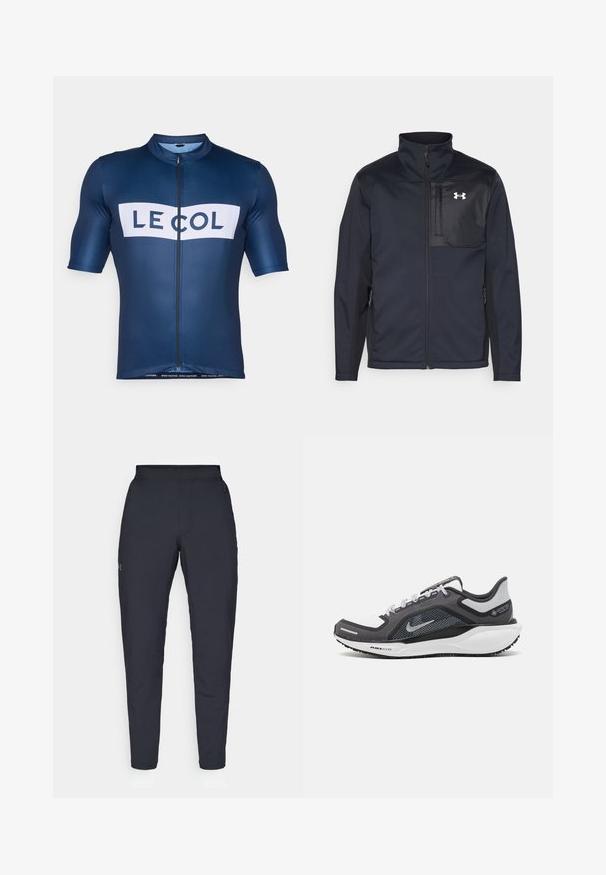 Melna ilga piedurkne jaka ar augstu apkakli, ar priekšējo rāvējslēdzēju, sānu kabatām un kontrastējošu melnu krūšu paneli ar logo.; Jūras spēku velosipēdu krekls ar īsām piedurknēm, priekšējais rāvējslēdzis, "LE COL" logo baltā krāsā, un josla ar uzrakstu "BRAUC LĪDZĀK. BRAUC TĀLĀK." apakšā.; Melnas sporta bikses ar gludu tekstūru, šauru piegriezumu, elastīgu jostu un sānu kabatām. Uz kreisā augšstilba ir mazs logs.; Melnas un pelēkas sporta kurpes ar tīklu augšdaļu, atstarojošiem akcentiem un baltu starpzoli. Aprīkotas ar teksturētu gumijas zoli un šņorēm.