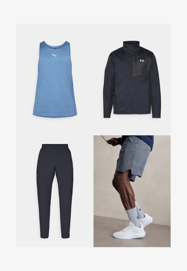 Long-sleeve black jacket with a high collar, featuring a front zipper, side pockets, and a contrasting black chest panel with a logo.; Blue athletic tank top made of lightweight fabric. Features a round neckline, sleeveless design, and a small white logo on the front.; Black athletic pants with a smooth texture, slim fit, elastic waistband, and side pockets. Features a small logo on the left thigh.; White athletic shoes with textured mesh upper, paired with light blue ribbed socks featuring a logo. Grey athletic shorts with perforated trim.