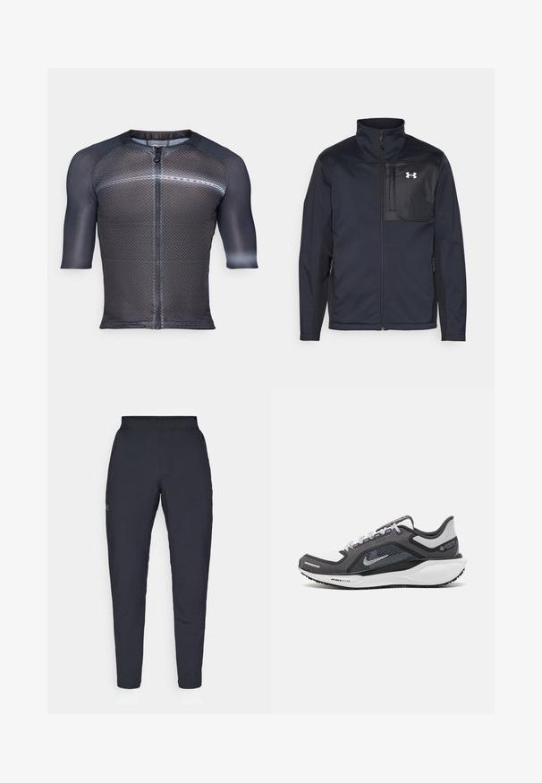 Casaco preto de mangas longas com gola alta, apresentando um fecho frontal, bolsos laterais e um painel peitoral preto em contraste com um logótipo.; Jersey de ciclismo de mangas curtas na cor preta, apresentando um design de malha texturizada, fecho em toda a frente e faixa refletora no peito.; Calças de desporto negras com uma textura suave, corte justo, cintura elástica e bolsos laterais. Apresenta um pequeno logótipo na coxa esquerda.; Sapatilha atlética preta e cinza com parte superior em malha, detalhes reflexivos e uma entressola branca. Apresenta uma sola de borracha texturizada e atacadores.