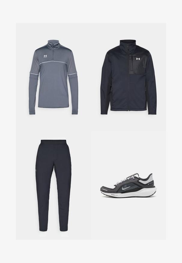 Juodas ilgomis rankovėmis švarkas su aukštu apykakle, užsegamas priekyje užtrauktuku, su šoninėmis kišenėmis ir kontrastingu juodu krūtinės skyriumi su logotipu.; Pilkas sportinis pusiau užtrauktukas su ilgomis rankovėmis ir baltu akcentu, pagamintas iš lengvos, kvėpuojančios medžiagos. Kairėje krūtinės pusėje yra logotipas.; Juodos sportinės kelnės su lygiu paviršiumi, siauru siluetu, elastingu juosmeniu ir šoninėmis kišenėmis. Mažas logotipas yra kairėje šlaunyje.; Juodas ir pilkas sportinis batelis su tinkleliu viršuje, atspindinčiais akcentais ir balta vidurinė dalimi. Yra tekstūruota guminė išorinė pada ir raišteliai.