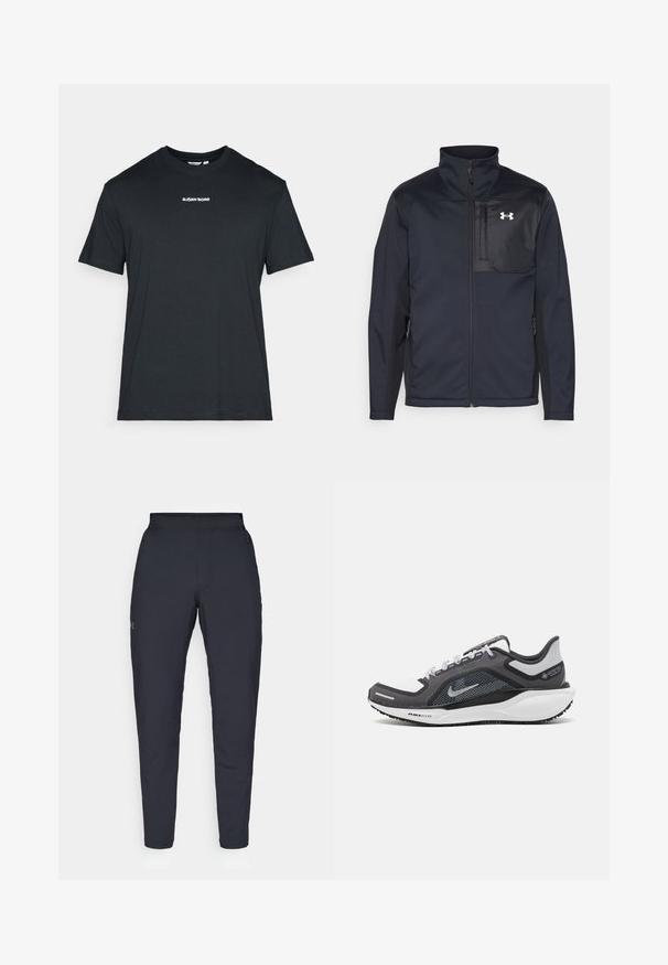 Černá bunda s dlouhými rukávy a vysokým límcem, která má přední zip, boční kapsy a kontrastní černou hrudní část s logem.; Černé tričko s krátkým rukávem vyrobené z bavlny s kulatým výstřihem a bílým potiskem loga "BJÖRN BORG" na hrudi. Jednoduchý, elegantní design.; Černé sportovní kalhoty s hladkou texturou, slim fit, elastickým pasem a bočními kapsami. Na levém stehně je umístěno malé logo.; Černá a šedá sportovní obuv s vrškem z prodyšné síťoviny, reflexními akcenty a bílou mezipodešví. Obsahuje texturovanou gumovou podrážku a tkaničky.