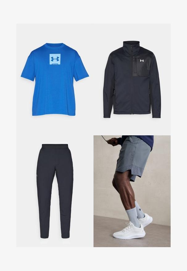 Long-sleeve black jacket with a high collar, featuring a front zipper, side pockets, and a contrasting black chest panel with a logo.; Under Armour Heavyweight Oversized - Sports T-shirt - tech blue/horizon blue; Black athletic pants with a smooth texture, slim fit, elastic waistband, and side pockets. Features a small logo on the left thigh.; White athletic shoes with textured mesh upper, paired with light blue ribbed socks featuring a logo. Grey athletic shorts with perforated trim.