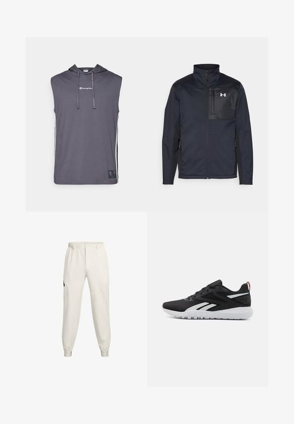 Juodas ilgomis rankovėmis švarkas su aukštu apykakle, užsegamas priekyje užtrauktuku, su šoninėmis kišenėmis ir kontrastingu juodu krūtinės skyriumi su logotipu.; Champion SLEEVELESS HOODIE - Marškinėliai su spaudiniu - dark grey; Šviesiai smėliniai džinsai su elastingu juosmeniu, šoninėmis kišenėmis ir rūbų juostelėmis; turi juodą logotipo akcentą kairėje klube.; Juodi sportiniai batai su tinkliniu viršumi, baltais akcentais, tekstūruotu padu ir raudona kulno juostele, kuri prideda papildomų detalių.