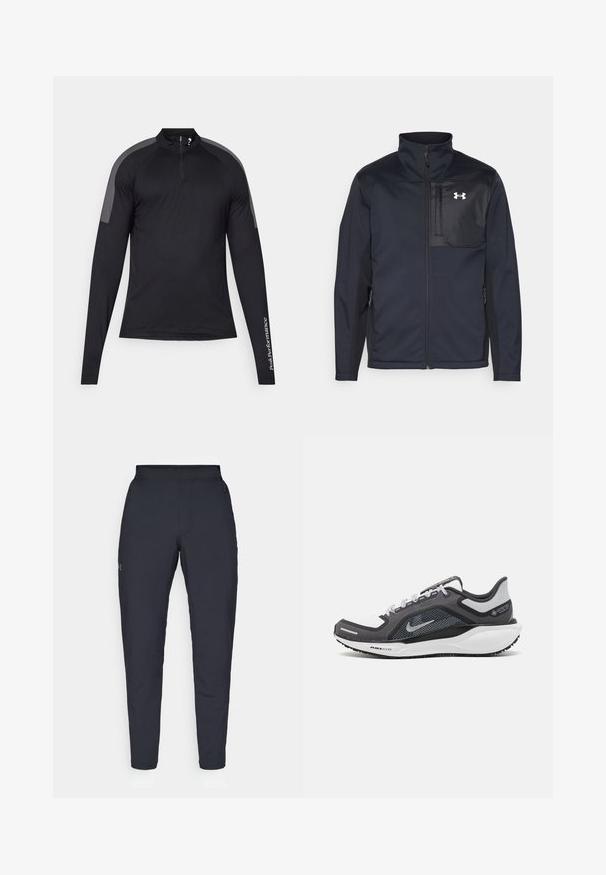 Zwarte lange mouwen jas met een hoge kraag, voorzien van een ritssluiting aan de voorkant, zijzakken en een contrasterend zwart borstpaneel met een logo.; Zwarte sportieve shirt met lange mouwen en een kwart rits, voorzien van grijze schouderaccenten. Bevat de tekst "PeakPerformance" op de linkermouw.; Zwarte sportbroeken met een gladde textuur, slanke pasvorm, elastische tailleband en zijzakken. Bevat een klein logo op het linkerdij.; Zwarte en grijze sportschoen met een bovenwerk van mesh, reflecterende accenten en een witte tussenzool. Beschikt over een gestructureerde rubberen zool en veters.