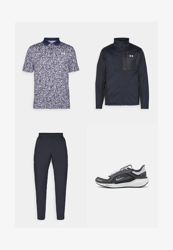 Črna jakna z dolgimi rokavi in visokim ovratnikom, z zadrgo spredaj, stranskimi žepi in kontrastnim črnim panelom na prsih z logotipom.; Mornarsko kratka polo majica s cvetnim vzorcem v roza in beli barvi. Ima ovratnik v enotni barvi in majhen logotip na prsih.; Črne atletske hlače z gladko teksturo, ožjega kroja, elastičnim pasom in stranskimi žepi. Imajo majhen logotip na levem stegnu.; Črne in sive atletske čevlje z mrežasto zgornjim delom, odsevnimi detajli in belim srednjim podplatom. Imajo strukturiran gumijast podplat in vezalke.