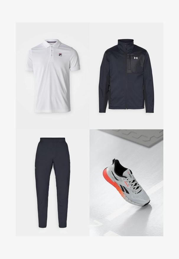 Casaco preto de mangas longas com gola alta, apresentando um fecho frontal, bolsos laterais e um painel peitoral preto em contraste com um logótipo.; Camisa polo branca feita de um tecido suave e respirável. Possui um colarinho com botões e um pequeno logótipo no lado esquerdo do peito. Mangas curtas.; Calças de desporto negras com uma textura suave, corte justo, cintura elástica e bolsos laterais. Apresenta um pequeno logótipo na coxa esquerda.; Tênis atlético branco com superior em malha, detalhes em preto e sola em degradê de laranja a rosa. Possui um design de amarração e bico arredondado.