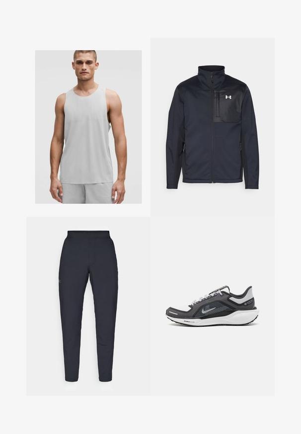 Schwarze Jacke mit langen Ärmeln und hohem Kragen, ausgestattet mit einem Frontreißverschluss, Seitentaschen und einem kontrastierenden schwarzen Brustpanel mit einem Logo.; Hellgraues Sport-Top mit rundem Ausschnitt und ärmellosem Design, hergestellt aus einem atmungsaktiven Material mit subtilen Texturdetails.; Schwarze Sporthose mit glatter Textur, schlankem Schnitt, elastischem Bund und seitlichen Taschen. Mit einem kleinen Logo auf dem linken Oberschenkel.; Schwarzer und grauer Sportschuh mit einem Mesh-Obermaterial, reflektierenden Akzenten und einer weißen Zwischensohle. Verfügt über eine strukturierte Gummisohle und Schnürsenkel.