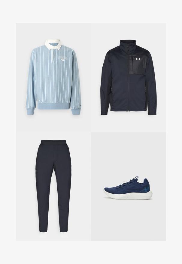 Casaco preto de mangas longas com gola alta, apresentando um fecho frontal, bolsos laterais e um painel peitoral preto em contraste com um logótipo.; Camisa polo de manga longa azul claro com riscas brancas, colarinho branco e um pequeno logótipo da Champion no peito. Feita de tecido suave.; Calças de desporto negras com uma textura suave, corte justo, cintura elástica e bolsos laterais. Apresenta um pequeno logótipo na coxa esquerda.; Sapatilha de corrida em azul-marinho com um cabedal de malha texturizada, entressola branca e um detalhe de logótipo. Apresenta um perfil baixo e design de atacadores.