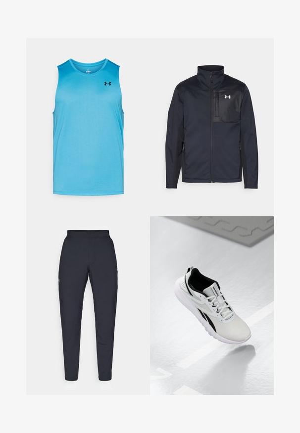 Svart jacka med lång ärm och hög krage, med en dragkedja fram, sidofickor och en kontrasterande svart bröstpanel med en logotyp.; Ljusblå ärmlös träningströja i syntetmaterial, med en svart logotyp upptill till vänster och rund halsringning.; Svarta träningsbyxor med en slät yta, slim fit, elastisk midja och sidofickor. Har en liten logotyp på vänstra låret.; Ljusgrå idrottssko med svarta accenter, texturerad mesh-övre, dämpad sula och snörning. Har en hälltab för hälen.