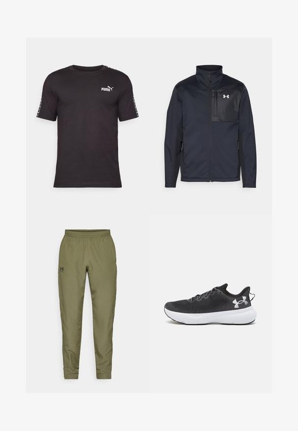 Černá bunda s dlouhými rukávy a vysokým límcem, která má přední zip, boční kapsy a kontrastní černou hrudní část s logem.; Černé tričko s krátkým rukávem vyrobené z bavlny. Má kulatý výstřih, logo PUMA na hrudi a vzorované detaily podél rukávů.; Olivově zelené sportovní kalhoty s elastickým pasem, zúženými nohavicemi, hladkou texturou a malým černým logem na levé straně.; Černé sportovní boty s texturovaným síťovaným svrškem, bílou odpruženou podešví a černými tkaničkami, s výrazným bílým logem na patě.