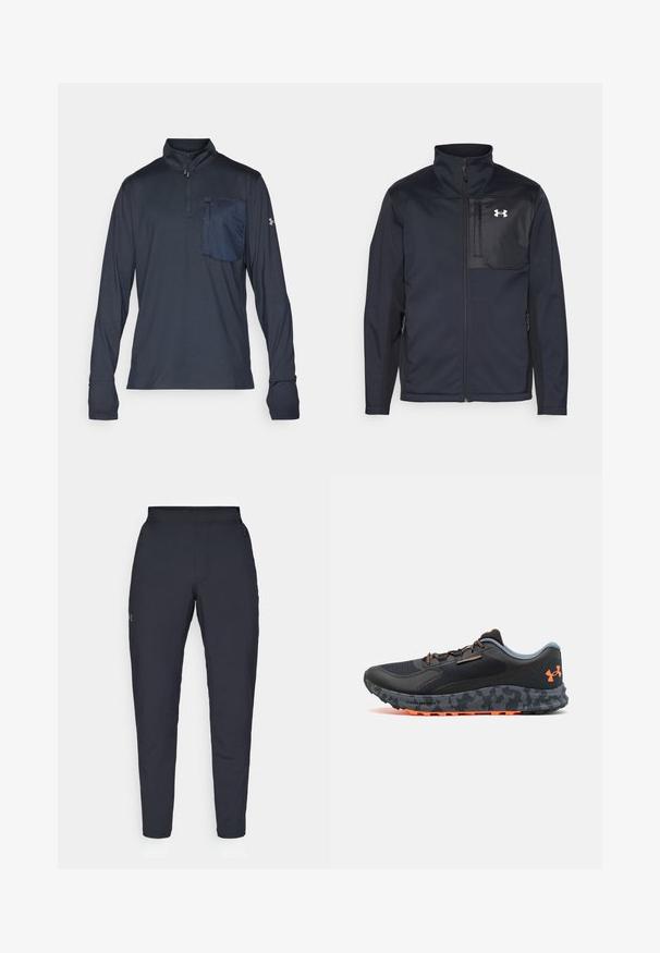 Melna ilga piedurkne jaka ar augstu apkakli, ar priekšējo rāvējslēdzēju, sānu kabatām un kontrastējošu melnu krūšu paneli ar logo.; Under Armour TRAIL RUN 1/4 ZIP - Tops ar garām piedurknēm - anthracite/earthen orange; Melnas sporta bikses ar gludu tekstūru, šauru piegriezumu, elastīgu jostu un sānu kabatām. Uz kreisā augšstilba ir mazs logs.; Melna sporta kurpe ar teksturētu virsu, pelēkiem akcentiem, oranžiem sīktēliem, armijas kamuflāžas raksta zoli un šņores sistēmu drošai piegulšanai.