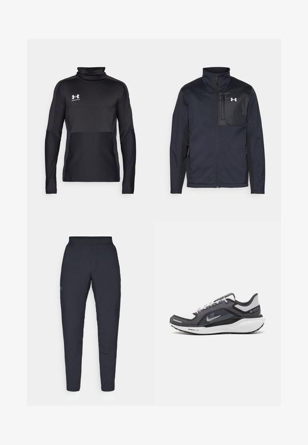 Schwarze Jacke mit langen Ärmeln und hohem Kragen, ausgestattet mit einem Frontreißverschluss, Seitentaschen und einem kontrastierenden schwarzen Brustpanel mit einem Logo.; Schwarzes, langärmliges Sportoberteil mit hohem Kragen, strukturiertem Stoff und kontrastierenden matten Bereichen. Mit dem weißen Under Armour-Logo.; Schwarze Sporthose mit glatter Textur, schlankem Schnitt, elastischem Bund und seitlichen Taschen. Mit einem kleinen Logo auf dem linken Oberschenkel.; Schwarzer und grauer Sportschuh mit einem Mesh-Obermaterial, reflektierenden Akzenten und einer weißen Zwischensohle. Verfügt über eine strukturierte Gummisohle und Schnürsenkel.