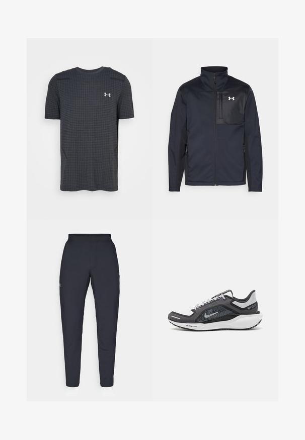 Langermet svart jakke med høy krage, med glidelås foran, sidelommer, og en kontrasterende svart brystpanel med et logo.; Svart t-skjorte med korte ermer, rutemønster, rund hals og logo på brystet. Laget av pustende materiale, glatt tekstur og avslappet passform.; Sorte treningbukser med glatt tekstur, smal passform, elastisk midjebånd og sidelommer. Har en liten logo på venstre lår.; Svart og grå atletisk sko med mesh-overdel, refleksdetaljer og hvit mellomsåle. Har strukturert gummisåle og lisser.