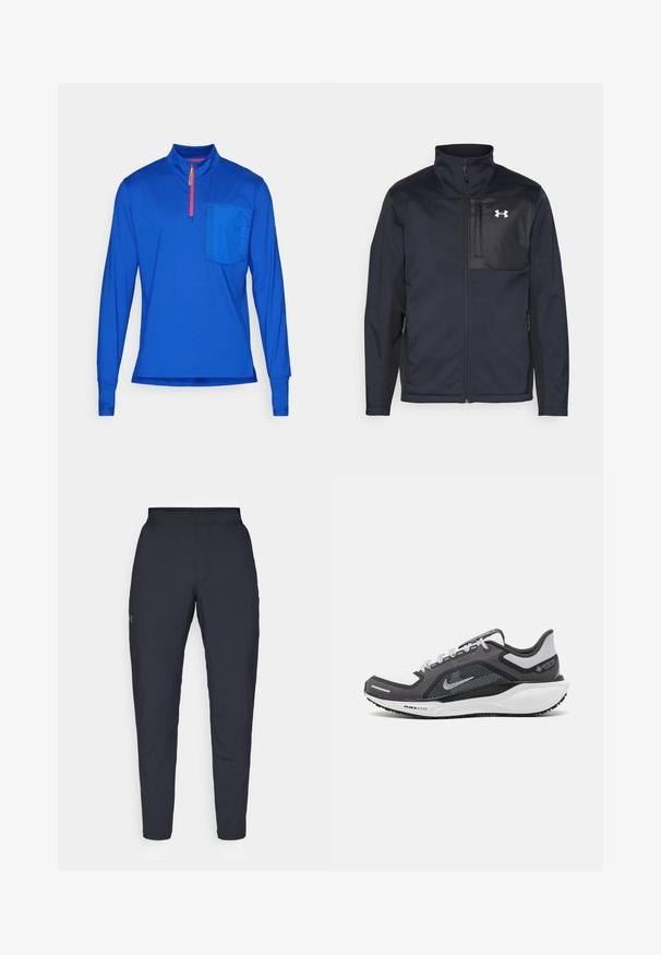 Pikkade varrukatega must jakk kõrge kraega, millel on ees tõmblukk, küljetaskud ja kontrastsest mustast kangast rinnapaneel logoga.; Pikkade varrukatega, poole tõmbega topp helesinises kangas. Omab rinnataskut ja kontrastset punast tõmblukk. Sile tekstuur, sportlik istuvus.; Mustad mustreid spordipüksid, millel on sile tekstuur, kitsas lõige, elastne vöökoht ja küljetaskud. Vasakule reiele on tikandatud väike logo.; Mustern ja hallide värvusega spordijalats, millel on võrgusilmast ülemine osa, peegeldavad aktsendid ja valge vaheosa. Omab tekstuuriga kummist välisosa ja kingapaelu.