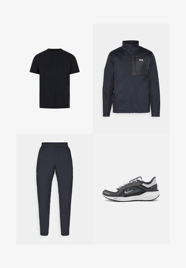 Chaqueta negra de manga larga con cuello alto, que cuenta con un cierre frontal, bolsillos laterales y un panel en el pecho de color negro en contraste con un logotipo.; Camiseta negra de cuello redondo hecha de una tela suave. Presenta mangas cortas tipo raglán y un sutil logotipo en relieve en la zona del pecho.; Pantalones deportivos negros con una textura suave, corte ajustado, cinturilla elástica y bolsillos laterales. Presentan un pequeño logo en el muslo izquierdo.; Zapatilla deportiva negro y gris con parte superior de malla, acentos reflectantes y una entresuela blanca. Presenta una suela de goma texturizada y cordones.