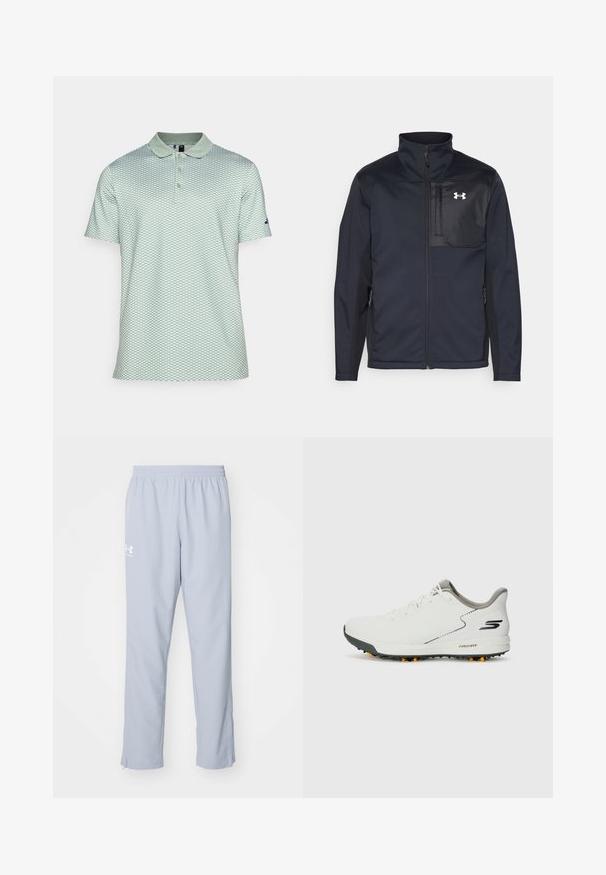 Langermet svart jakke med høy krage, med glidelås foran, sidelommer, og en kontrasterende svart brystpanel med et logo.; adidas Golf BASE BEYOND TEXTURED - Poloskjorter - silver green; Lyseblå treningstights med elastisk midje, sidelommer og ankelglidelåser. Har en hvit logo på venstre lår.; Hvit idrettssko med en glatt overdel, grå detaljer og en teksturert svart såle med oransje pigger. Lett design med fokus på komfort.