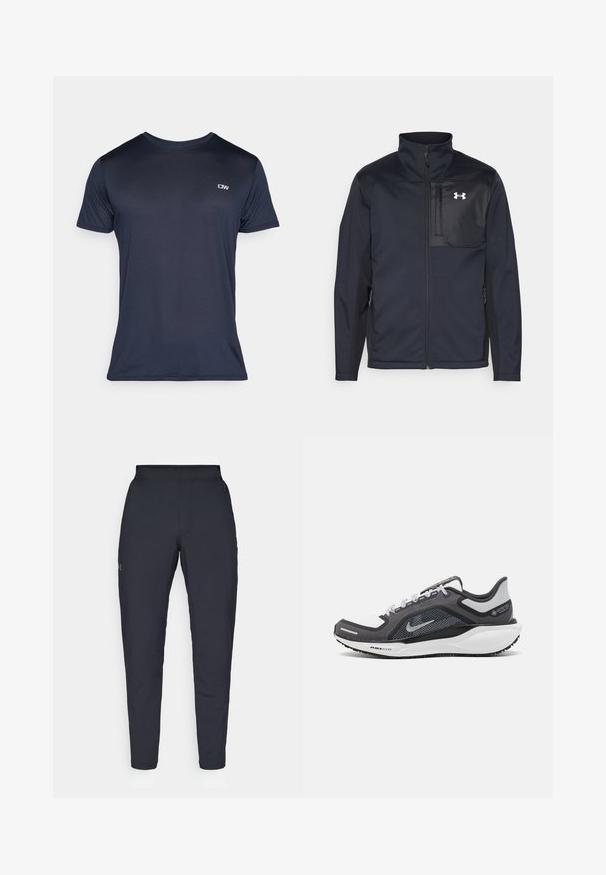 Czarna kurtka z długim rękawem i wysokim kołnierzem, z zamkiem błyskawicznym z przodu, kieszeniami bocznymi oraz kontrastującym czarnym panelem na klatce piersiowej z logo.; Granatowa koszulka z krótkim rękawem wykonana z materiału prążkowanego, z małym logo na górnej lewej stronie i klasycznym okrągłym dekoltem.; Czarne spodnie sportowe o gładkiej fakturze, dopasowanym kroju, elastycznej talii i bocznych kieszeniach. Posiadają małe logo na lewym udzie.; Czarne i szare buty sportowe z siateczkową cholewką, odblaskowymi akcentami i białą podeszwą środkową. Posiadają teksturowaną gumową podeszwę i sznurowadła.