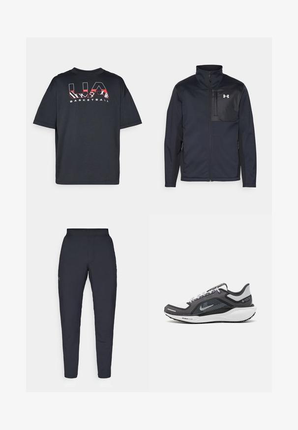 Melna ilga piedurkne jaka ar augstu apkakli, ar priekšējo rāvējslēdzēju, sānu kabatām un kontrastējošu melnu krūšu paneli ar logo.; Melna īsām piedurknēm T-kreklā ar brīvu fit, ar sarkanu un baltu grafisko tekstu "UA BASKETBALL" priekšā. Mīksta auduma tekstūra.; Melnas sporta bikses ar gludu tekstūru, šauru piegriezumu, elastīgu jostu un sānu kabatām. Uz kreisā augšstilba ir mazs logs.; Melnas un pelēkas sporta kurpes ar tīklu augšdaļu, atstarojošiem akcentiem un baltu starpzoli. Aprīkotas ar teksturētu gumijas zoli un šņorēm.