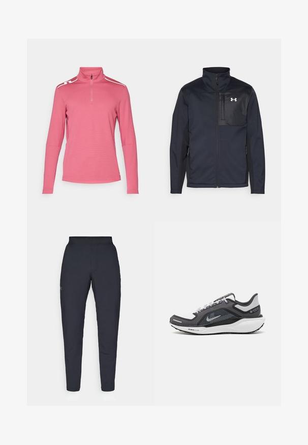 Casaco preto de mangas longas com gola alta, apresentando um fecho frontal, bolsos laterais e um painel peitoral preto em contraste com um logótipo.; Pullover rosa de mangas longas com colarinho de meia zip, apresentando listras brancas nos ombros e um tecido liso e texturizado.; Calças de desporto negras com uma textura suave, corte justo, cintura elástica e bolsos laterais. Apresenta um pequeno logótipo na coxa esquerda.; Sapatilha atlética preta e cinza com parte superior em malha, detalhes reflexivos e uma entressola branca. Apresenta uma sola de borracha texturizada e atacadores.