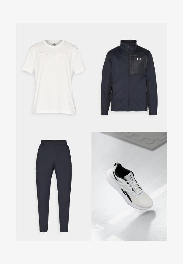 Langermet svart jakke med høy krage, med glidelås foran, sidelommer, og en kontrasterende svart brystpanel med et logo.; Hvitt bomull t-skjorte med korte ermer, med et preget "Champion"-logo over brystet, rund halslinje og rett nederkant.; Sorte treningbukser med glatt tekstur, smal passform, elastisk midjebånd og sidelommer. Har en liten logo på venstre lår.; Lys grå sportsko med sorte detaljer, teksturert mesh-overdel, dempet såle og snøring. Har en hæloppdragingsløkke.